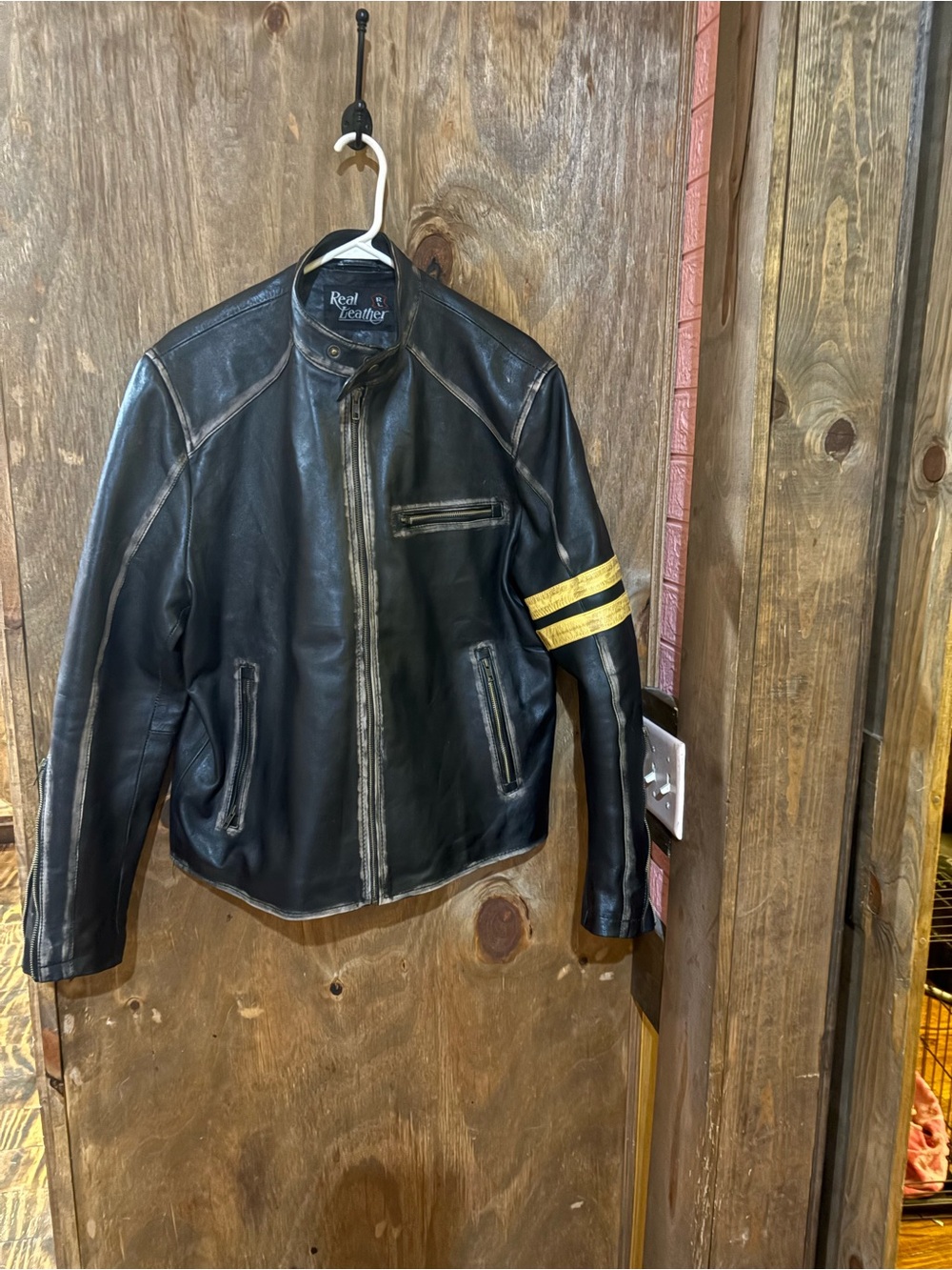 Real lamb skin Leather Black Cafe Racer Jacket with Yellow Arm Stripes